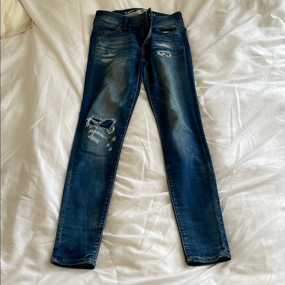 American Eagle Outfitters Dark Blue Distressed Skinny Jeans